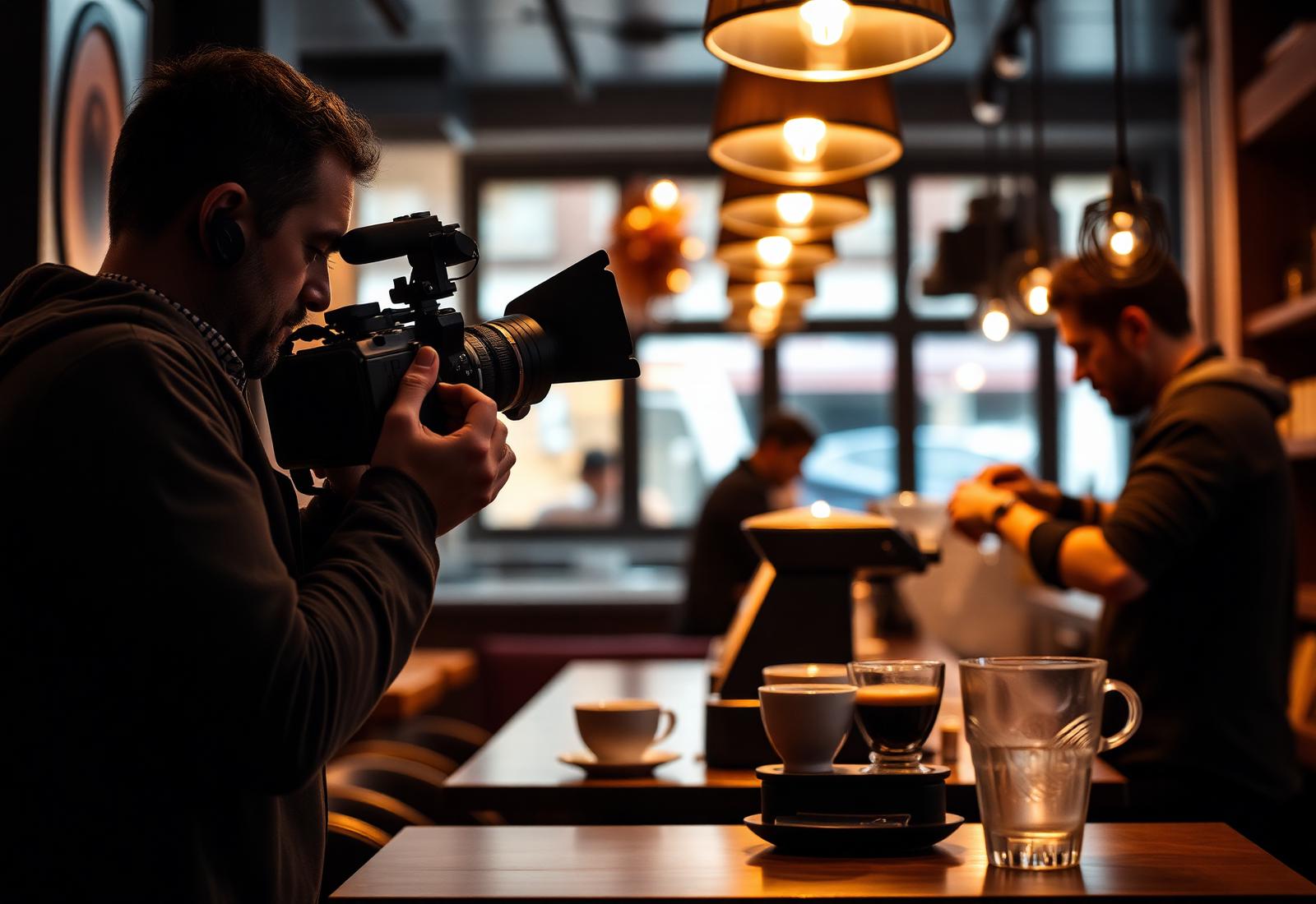 Videógrafo profesional grabando contenido en una cafetería de Madrid
